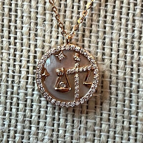 LIBRA ZODIAC MOTHER OF PEARL COIN NECKLACE 14k RG/ 925 Silver 17” - Picture 2 of 8